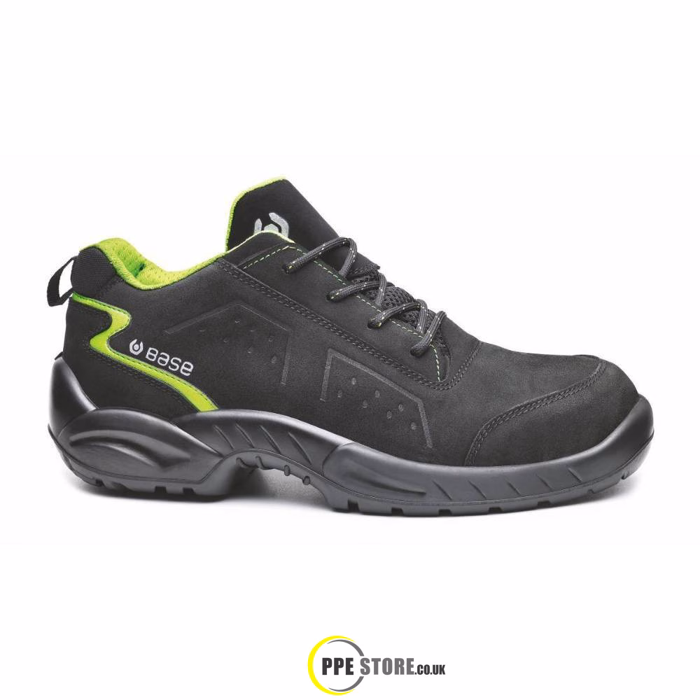 Base safety footwear, trainers, green and black shoes, workwear safety