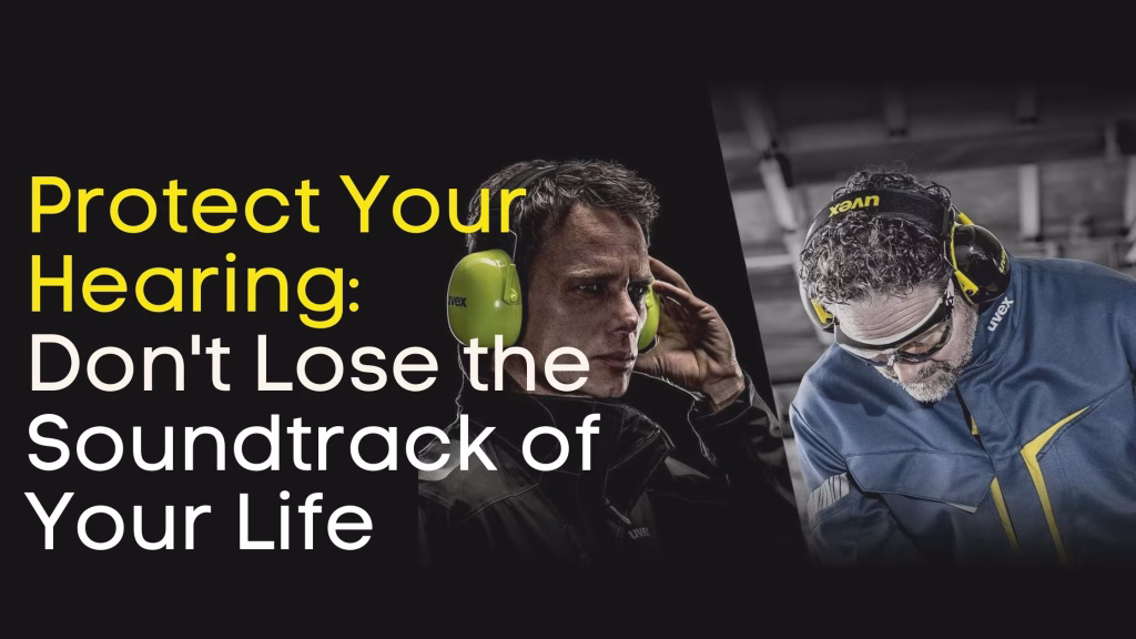 Two men wearing protective earmuffs, one touching his headset, with text promoting hearing protection: "protect your hearing: don't lose the soundtrack of your life.